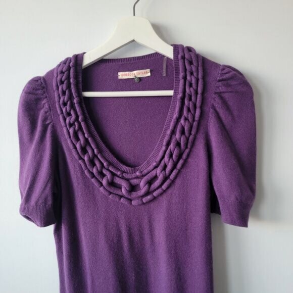 Rebecca Taylor womens Puff Sleeve sweater size M braided scoop neck purple - Picture 3 of 9